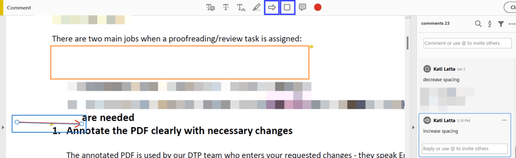 Arrow and Rectangle tools: an orange box around blank space and a red arrow at a heading, with spacing comments beside them