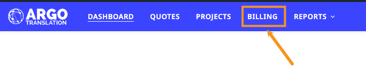 Customer portal navigation bar with the Billing tab highlighted beside Dashboard, Quotes, Projects and Reports