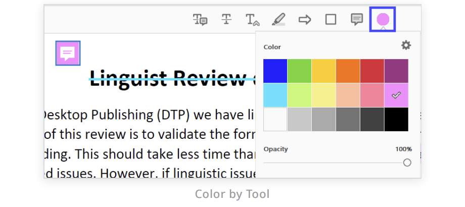 Acrobat's color swatch picker open from the toolbar color bubble, pink selected, with an Opacity slider at 100 percent