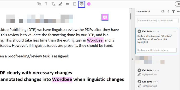 Comment Bubble tool: one pink bubble carrying a note to replace every instance of a term across the whole document