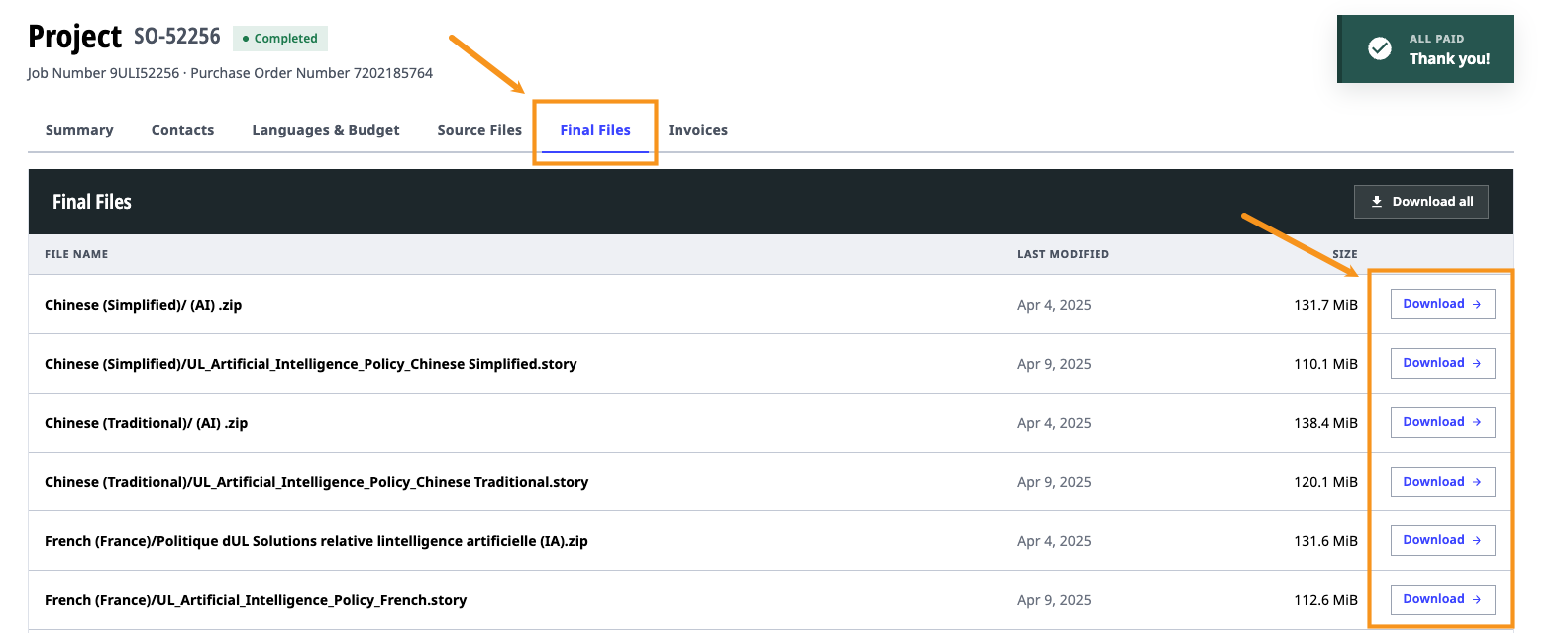 Project page Final Files tab listing translated files by language, each with a Download link, plus a Download all button