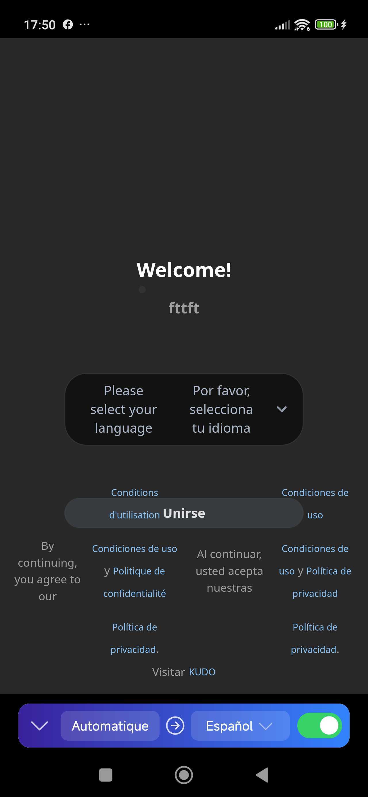 The KUDO join screen with the browser's Google Translate on, so the welcome text renders duplicated and overlapping