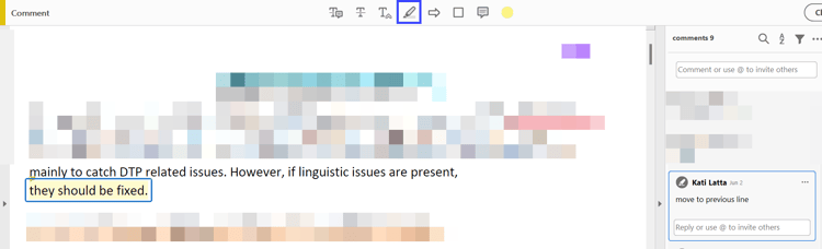 Highlight tool: a phrase marked in yellow with the comment move to previous line beside it