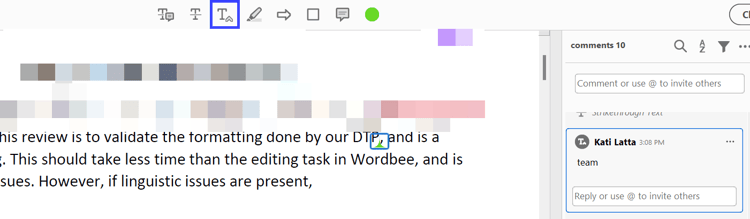 Insert Text at Cursor tool: a green caret placed after DTP, with the word team typed in the comment box to be inserted