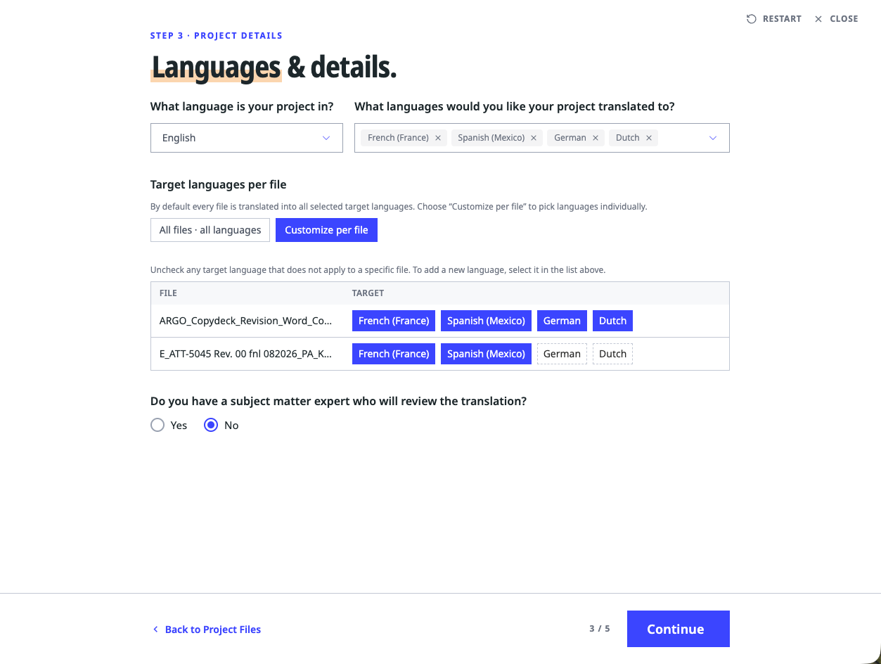 Step 3 language selection screen assigning French, Spanish, German and Dutch targets to each uploaded file