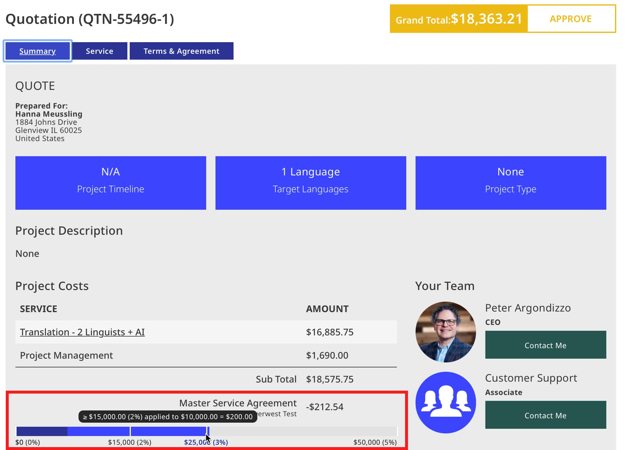 Quote cost breakdown with the spend-tier progress bar and a tooltip showing how the tier discount was calculated