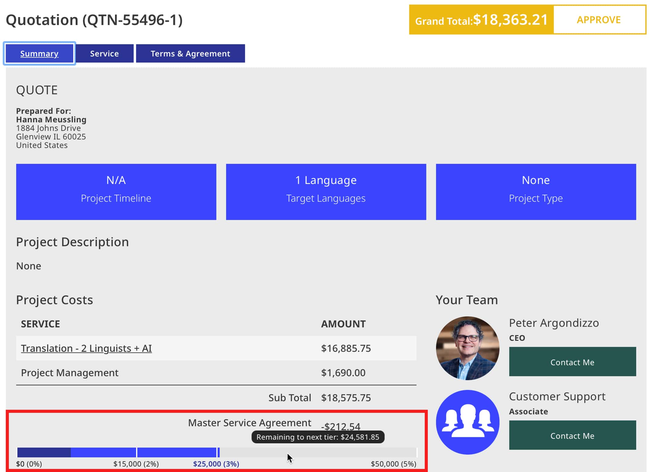 Quote cost breakdown with the spend-tier progress bar and a tooltip showing the amount remaining to the next tier