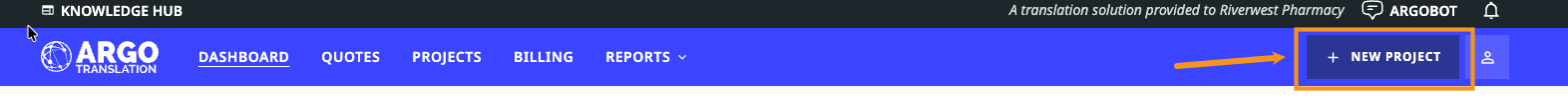 Customer portal navigation bar with the New Project button highlighted at the right end