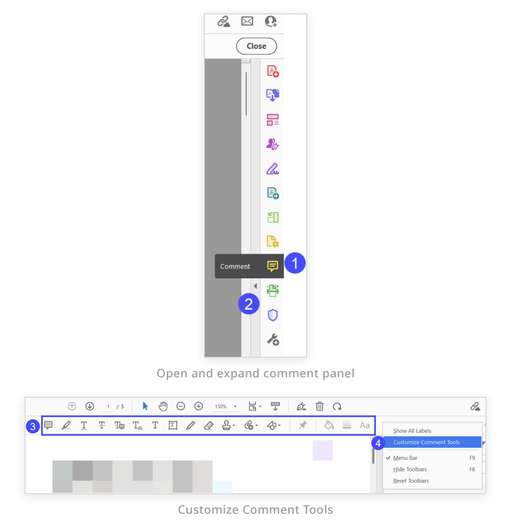 Acrobat's right-hand tool rail with Comment highlighted, and the annotation toolbar with Customize Comment Tools open