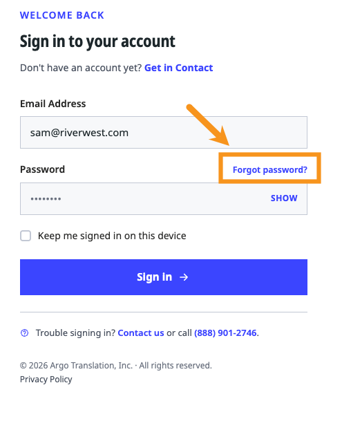 Argo Translation Customer Portal sign-in screen with the Forgot password? link highlighted above the Password field