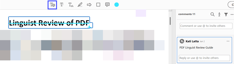 Add Note to Replace Text tool: the heading Linguist Review of PDF struck out, with replacement text typed in the comment