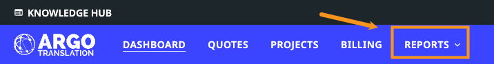 Customer portal navigation bar with the Reports drop-down menu highlighted