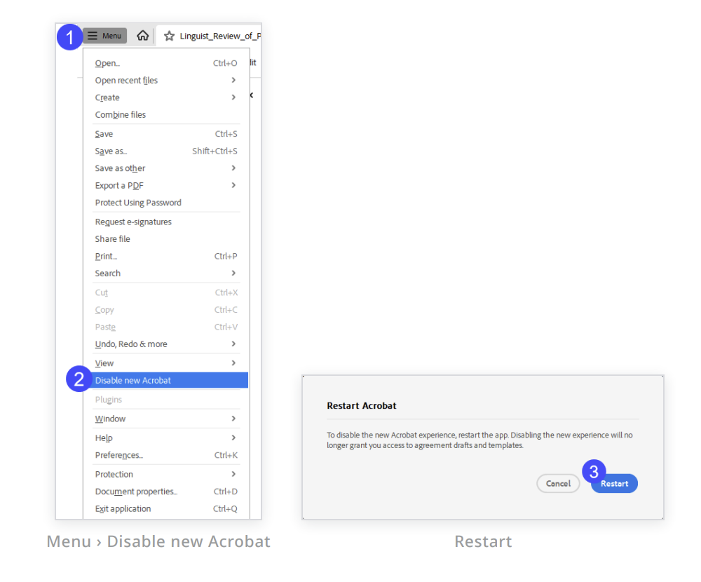 Acrobat's Menu dropdown with Disable new Acrobat selected, and the Restart Acrobat dialog with Cancel and Restart buttons