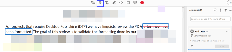 Strikethrough tool: a phrase crossed out in red and listed as Strikethrough Text in the comment panel, with no note typed