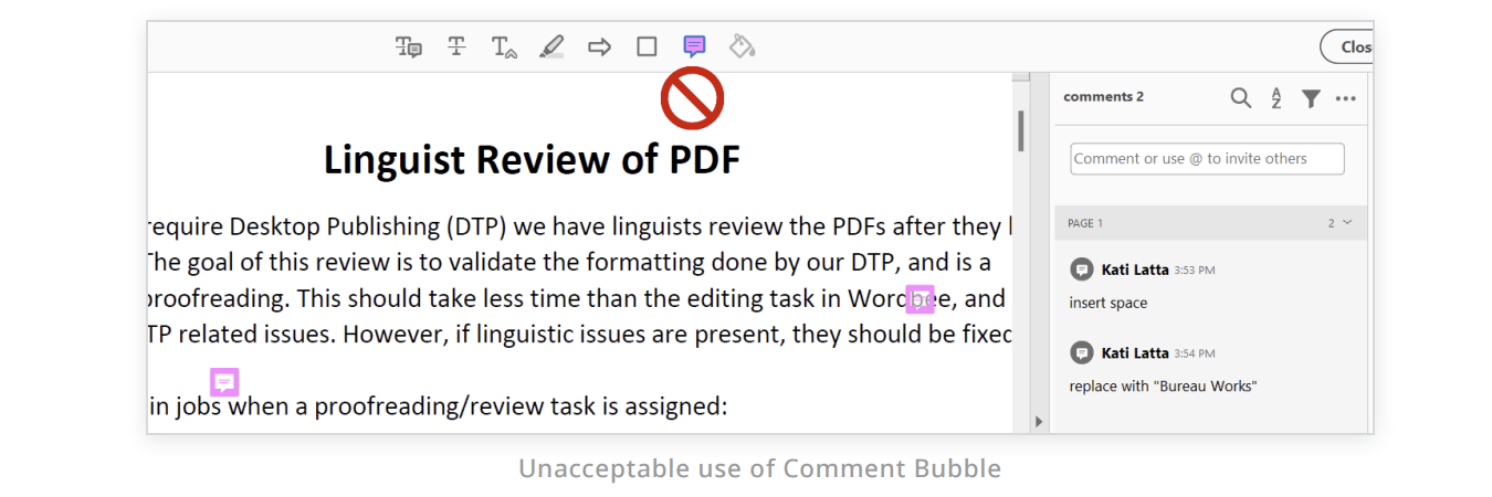 Incorrect markup: two floating comment bubbles that name word-level changes without anchoring to the text they refer to