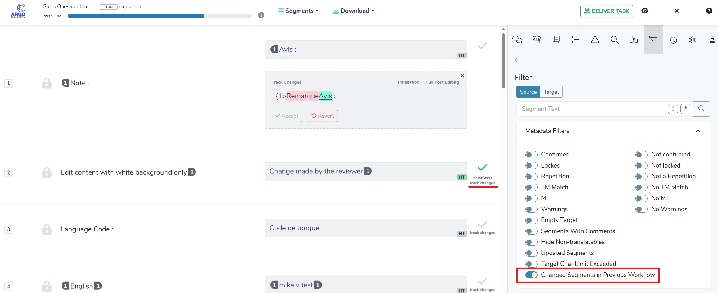 Bureau Works filter menu with Changed segments in Previous Workflow selected