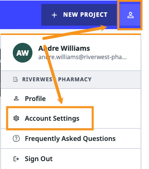 Profile avatar menu open in the customer portal, with Account Settings highlighted above Frequently Asked Questions