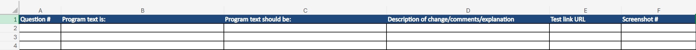 Blank program check report template with columns for question number, program text is and should be, test link URL