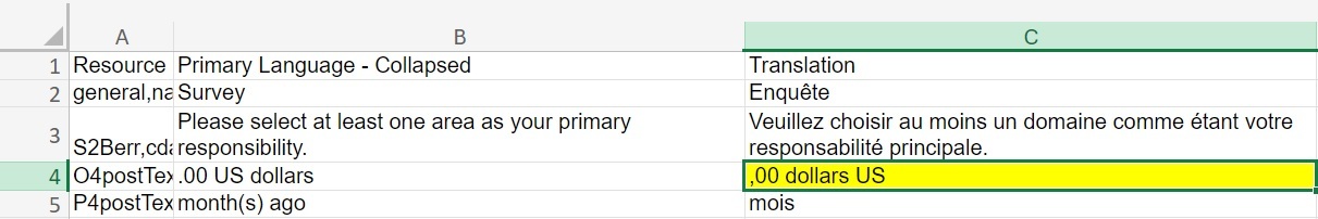 Overlay Excel file with translations in Column C, one edited cell highlighted yellow beside its source in Column B