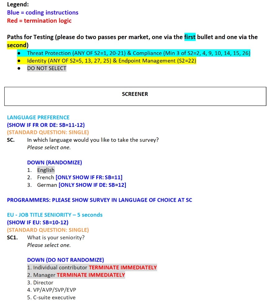 Pre-programmed survey Word file with a legend for coding instructions and termination logic and highlighted test paths