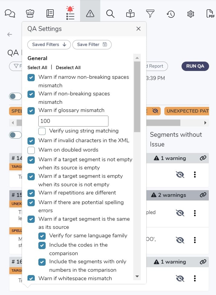 Bureau Works QA Settings dialog with checkboxes for non-breaking space, glossary, spelling and repetition warnings