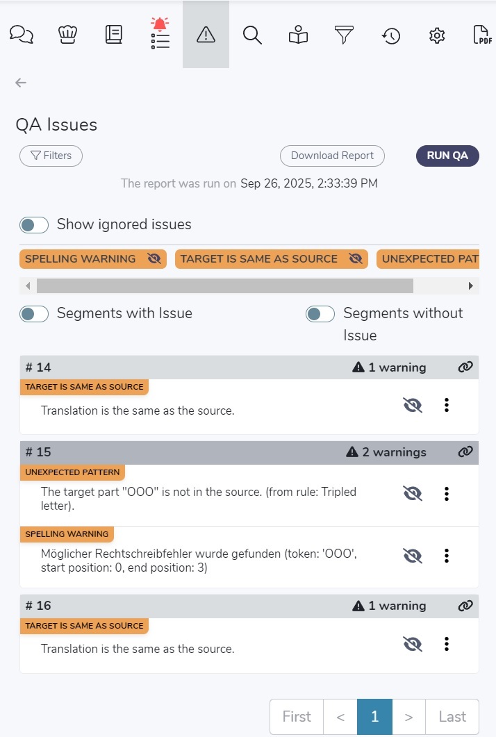 Bureau Works QA Issues panel with Run QA and Download Report buttons and warnings listed for segments 14, 15, and 16