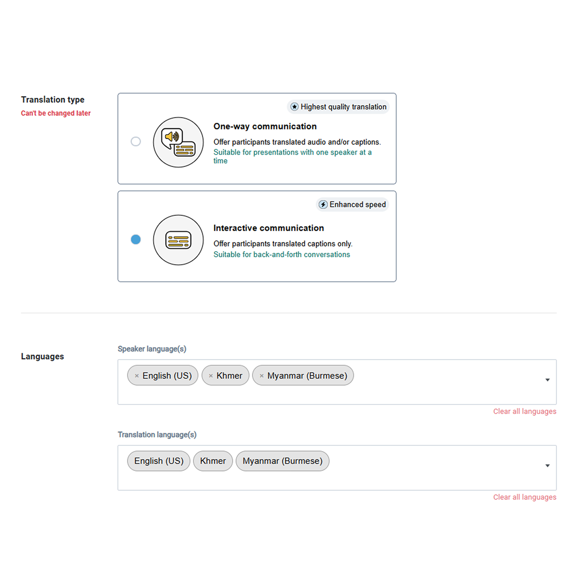 Interactive communication selected under Translation type, with English (US), Khmer and Myanmar (Burmese) on both sides