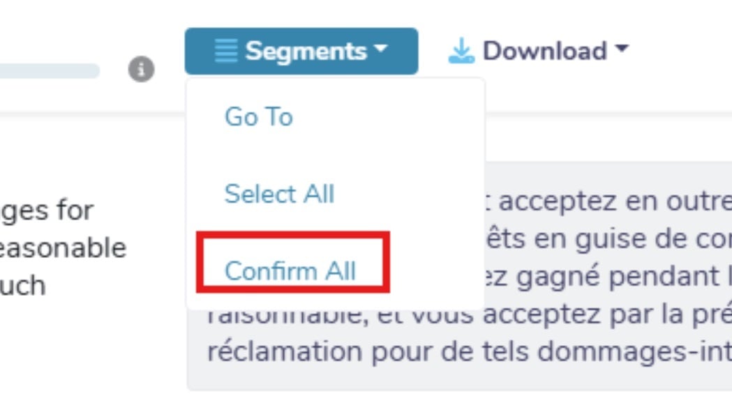 Bureau Works Segments dropdown with Go To, Select All, and Confirm All, with Confirm All boxed in red