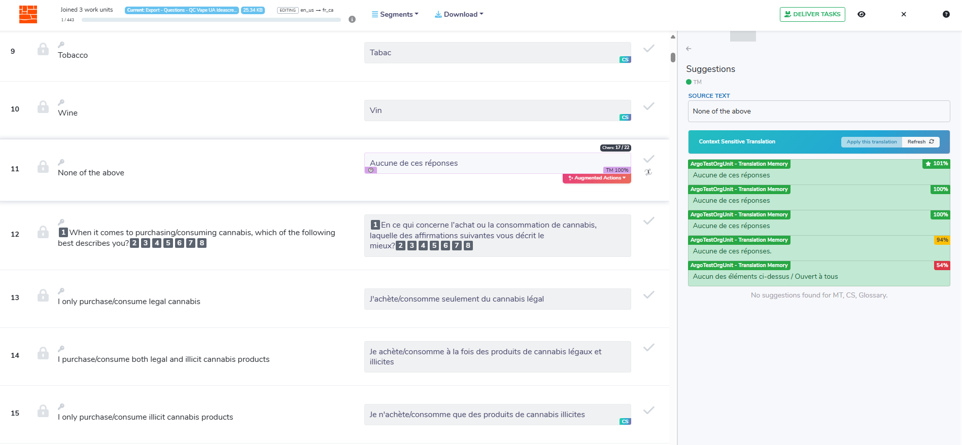 Bureau Works editor showing segments 9 to 15 with CS badges, a TM 100% match on segment 11, and no icons on 12 to 14