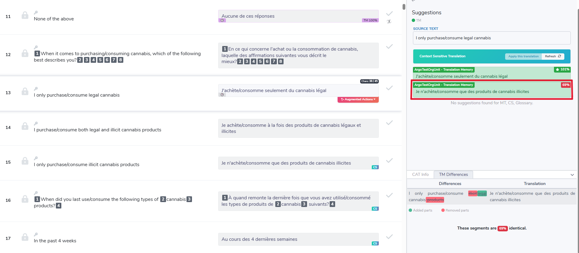 Bureau Works with segment 13 selected, a 69% fuzzy match in Suggestions, and the TM Differences tab showing the changes