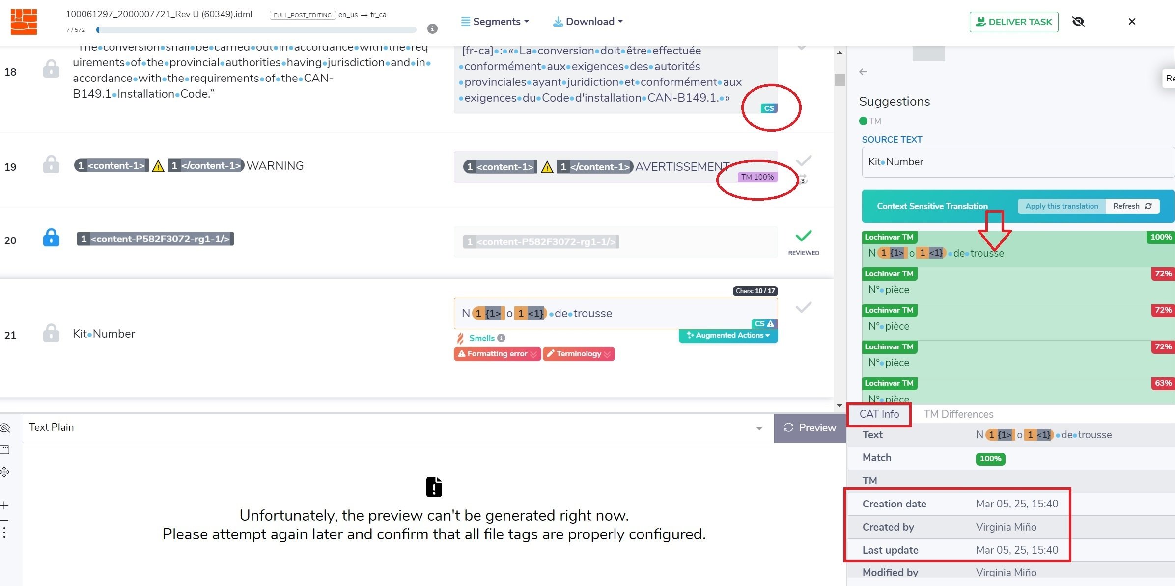 Bureau Works editor with the Suggestions panel of TM matches and the CAT Info tab showing creation and update dates
