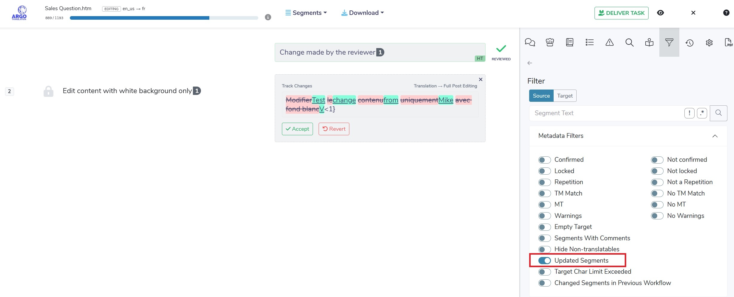 Bureau Works filter menu with Updated segments selected